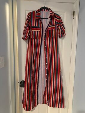 Striped Button-Front Maxi Shirt Dress in Multicolor strips boho strips